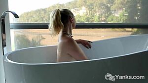 Kim, the adorable vlogger, indulges in a steamy solo session before a relaxing bath